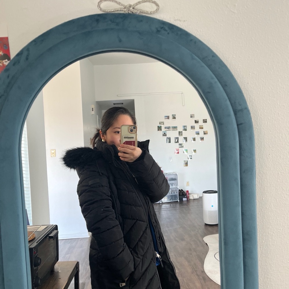 DKNY Black Quilted Winter Coat with Fur Hood